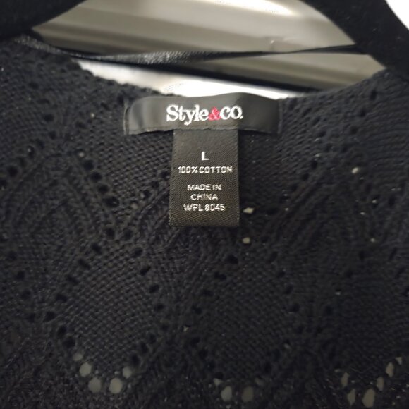 Style & Co. L Black Drape Front Cardigan Single Button Ruffle Knit 100% Cotton - Picture 4 of 5